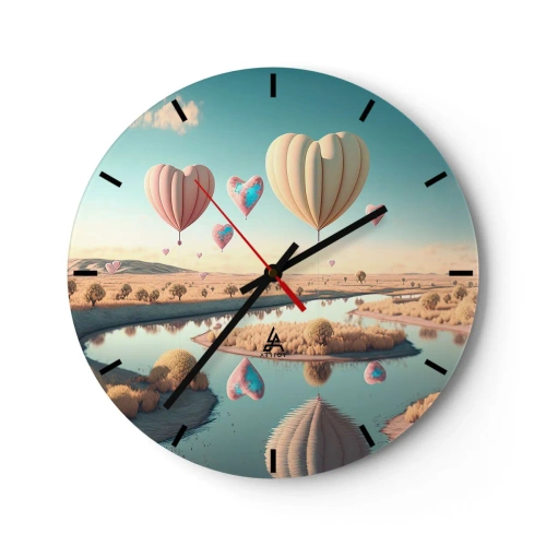 Wanduhr - Glasuhr - Herzförmige Ballons schweben über dem Fluss - 30x30cm - Dank Liebe steigt man auf - Moderne Wanddekoration für Wohnzimmer, Küche und Schlafzimmer ARTTOR
