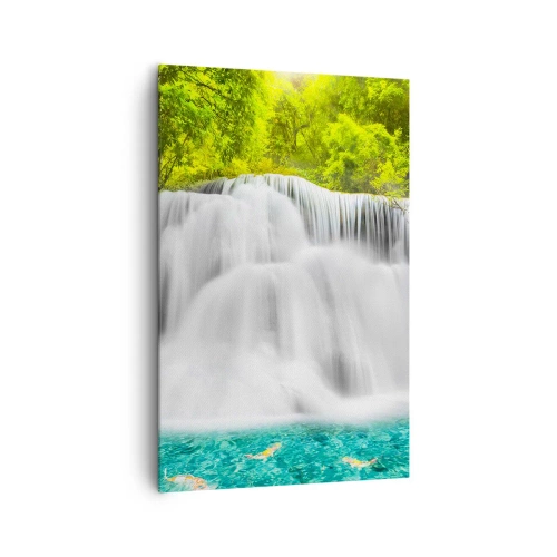 Bild auf Leinwand - Leinwandbild - Ein Wasserfall in einem tropischen Wald mit türkisfarbenem Wasser - 80x120cm - Eine schaumige Kaskade von grün bis azurblau - Moderne Wanddekoration für Wohnzimmer und Schlafzimmer ARTTOR