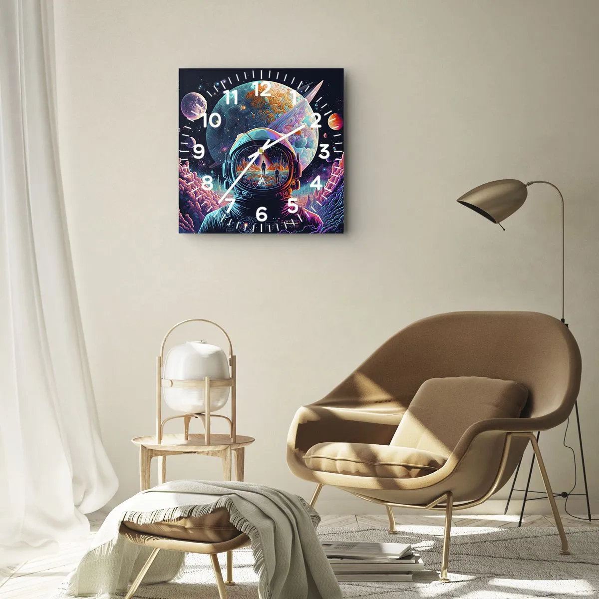 Wanduhr - Glasuhr - Astronaut im Weltraum mit einer farbenfrohen Planetenlandschaft - 30x30cm - Philosophen haben nicht davon geträumt - Moderne Wanddekoration für Wohnzimmer und Schlafzimmer ARTTOR