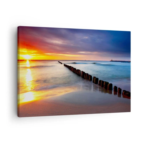 Bild auf Leinwand - Leinwandbild - Sonnenuntergang über dem Meer mit einem Wellenbrecher im Vordergrund - 70x50cm - Lausche der Stille - Moderne Wanddekoration für Wohnzimmer und Schlafzimmer ARTTOR