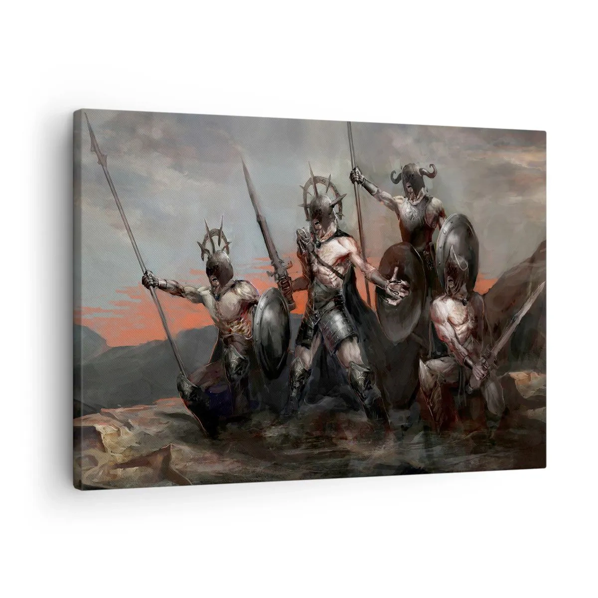 Bild auf Leinwand - Leinwandbild - Eine Gruppe von Kriegern in Rüstung mit Speeren vor dem Hintergrund des Sonnenuntergangs - 70x50cm - Mit oder auf einem Schild - Moderne Wanddekoration für Wohnzimmer und Schlafzimmer ARTTOR