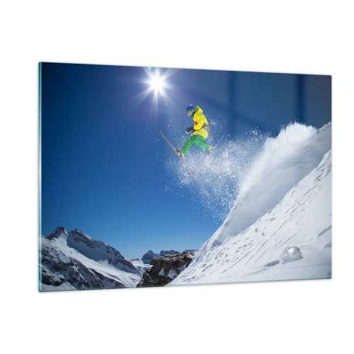 Glasbild - Bild auf glas - Ein Skifahrer in Aktion vor der Kulisse schneebedeckter Berge - 120x80cm - Tanzen mit den Bergen - Moderne Wanddekoration für Wohnzimmer und Schlafzimmer ARTTOR