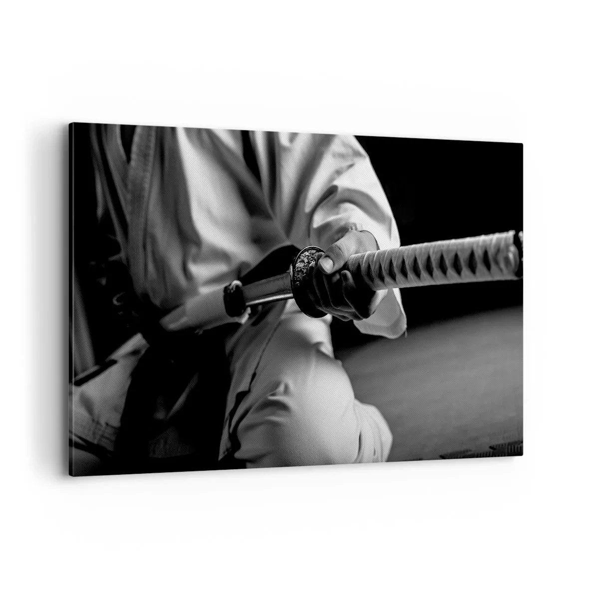 Bild auf Leinwand - Leinwandbild - Ein Samurai im Kimono hält ein Katana in Schwarz und Weiß. - 120x80cm - Kriegerseele - Moderne Wanddekoration für Wohnzimmer und Schlafzimmer ARTTOR