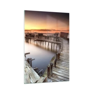 Glasbild - Bild auf glas - Holzstege auf ruhigem Wasser bei Sonnenuntergang - 70x100cm - Authentisch, keine Touristenattrappe - Moderne Wanddekoration für Wohnzimmer und Schlafzimmer ARTTOR