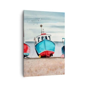 Bild auf Leinwand - Leinwandbild - Bunte Fischerboote am Ufer in einer Meereslandschaft - 70x100cm - Bereit zum Fang - Moderne Wanddekoration für Wohnzimmer und Schlafzimmer ARTTOR