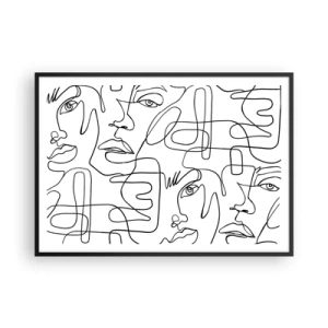 Poster in einem schwarzem Rahmen - Eine minimalistische Zeichnung eines Gesichts mit Linien auf hellem Hintergrund. - 100x70cm - In verworrenen Gefühlen - Moderne Wanddekoration für Wohnzimmer und Schlafzimmer ARTTOR