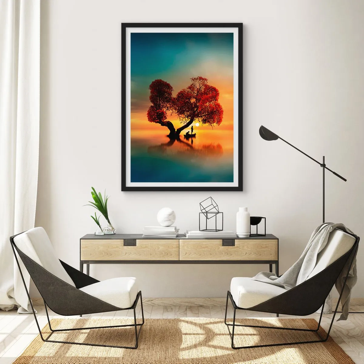 Poster in einem schwarzem Rahmen - Herzförmiger Baum bei Sonnenuntergang - 50x70cm - Oddaysons und die Stille der Weltlosen - Moderne Wanddekoration für Wohnzimmer und Schlafzimmer ARTTOR