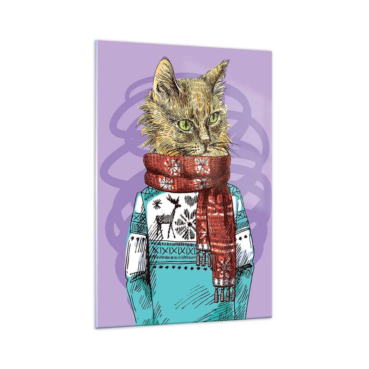 Glasbild - Bild auf glas - Eine Katze in Pullover und Schal auf violettem Hintergrund - 70x100cm - Die Katze nicht nur in Schuhen - Moderne Wanddekoration für Wohnzimmer und Schlafzimmer ARTTOR