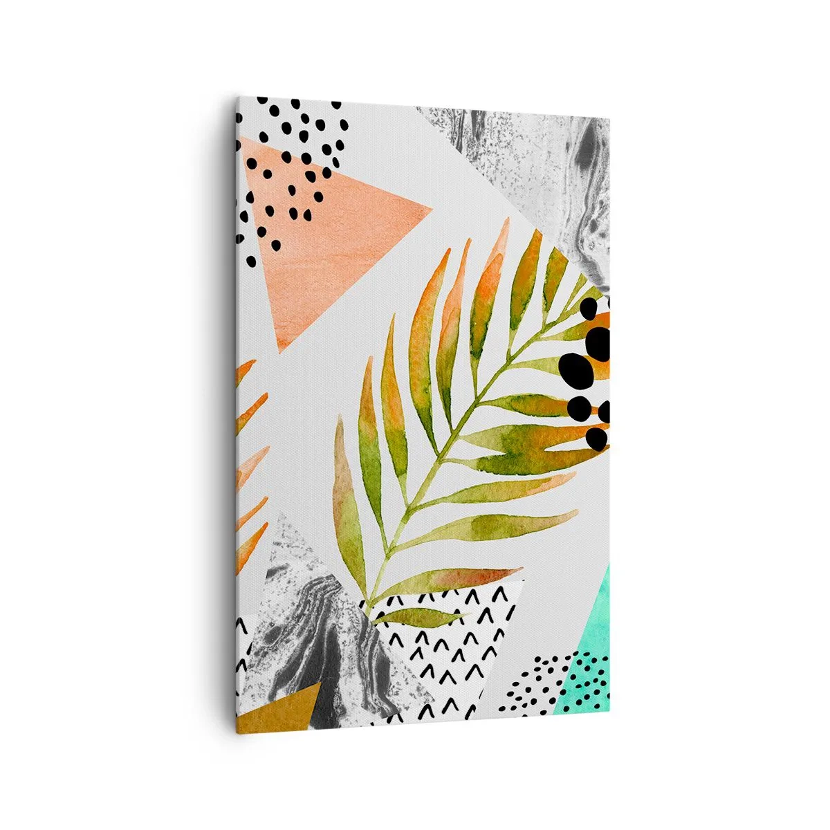 Bild auf Leinwand - Leinwandbild - Tropisches Muster mit Blättern und geometrischen Formen - 80x120cm - Dekoration mit Palmblatt - Moderne Wanddekoration für Wohnzimmer und Schlafzimmer ARTTOR