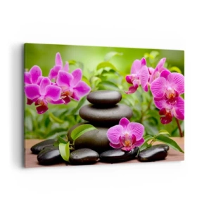 Bild auf Leinwand - Leinwandbild - Rosa Orchideen mit Steinen auf grünem Hintergrund - 100x70cm - Die Pyramide des Friedens - Moderne Wanddekoration für Wohnzimmer und Schlafzimmer ARTTOR