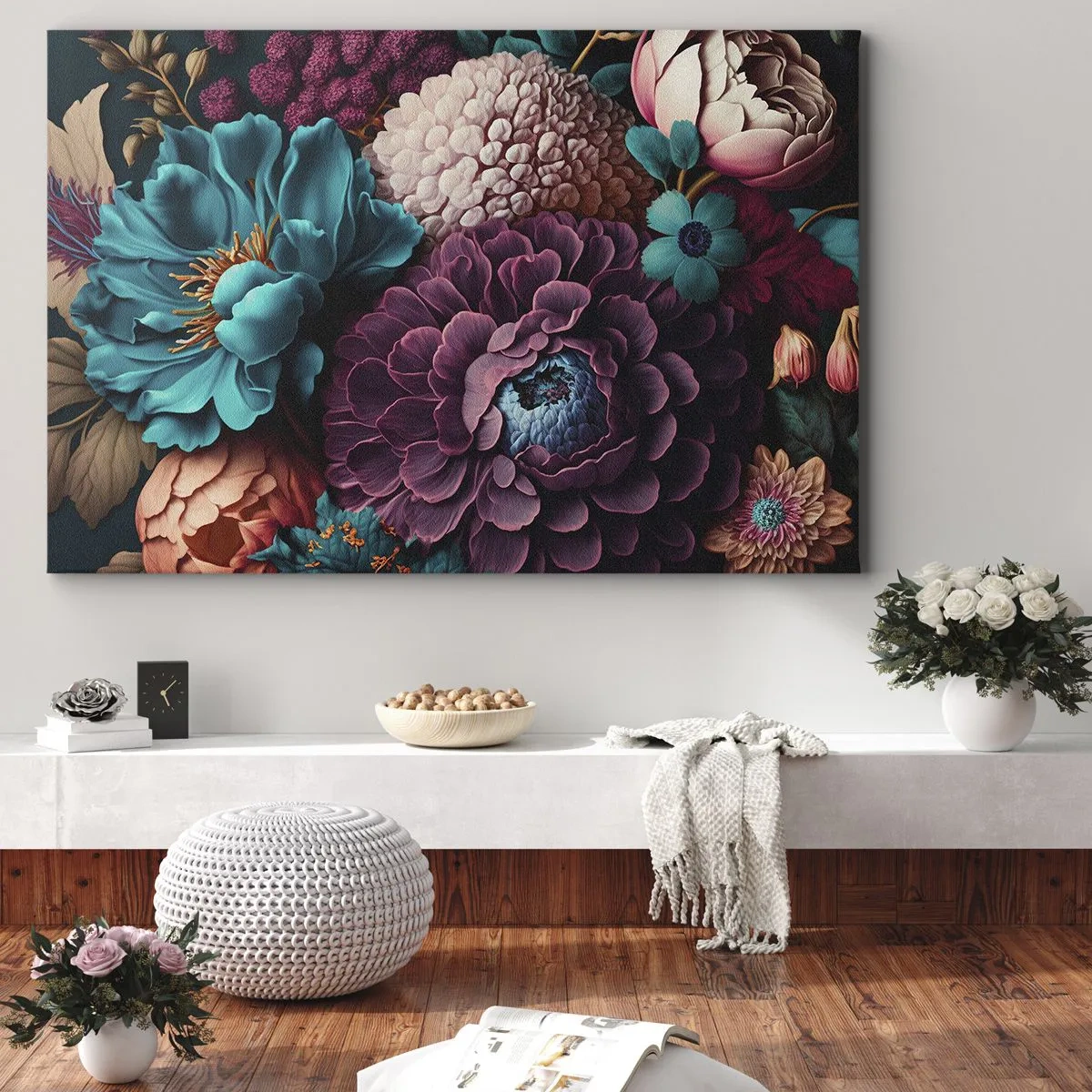 Bild auf Leinwand - Leinwandbild - Ein Blumenstrauß in intensiven Farben auf dunklem Hintergrund - 70x50cm - Natur in Hülle und Fülle - Moderne Wanddekoration für Wohnzimmer und Schlafzimmer ARTTOR