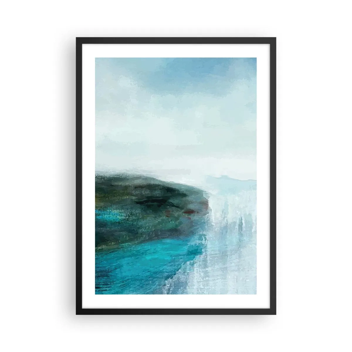 Poster in einem schwarzem Rahmen - Eine malerische Landschaft mit einer Klippe über dem Wasser in Blautönen. - 50x70cm - Nautische Abstraktion - Moderne Wanddekoration für Wohnzimmer und Schlafzimmer ARTTOR