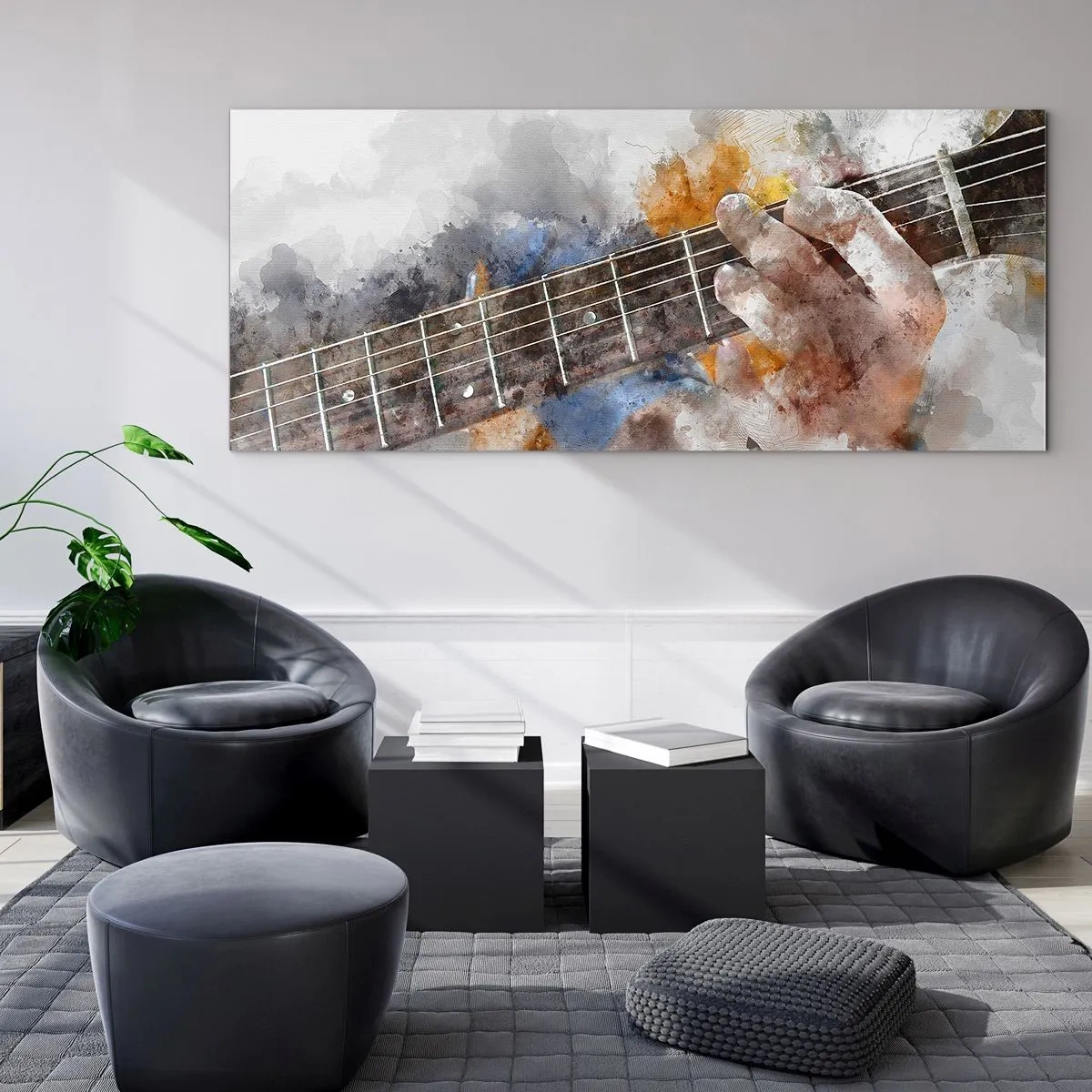 Glasbild - Bild auf glas - Abstraktes Bild einer Hand, die Gitarre spielt - 140x50cm - Poesie zwischen den Saiten - Moderne Wanddekoration für Wohnzimmer und Schlafzimmer ARTTOR