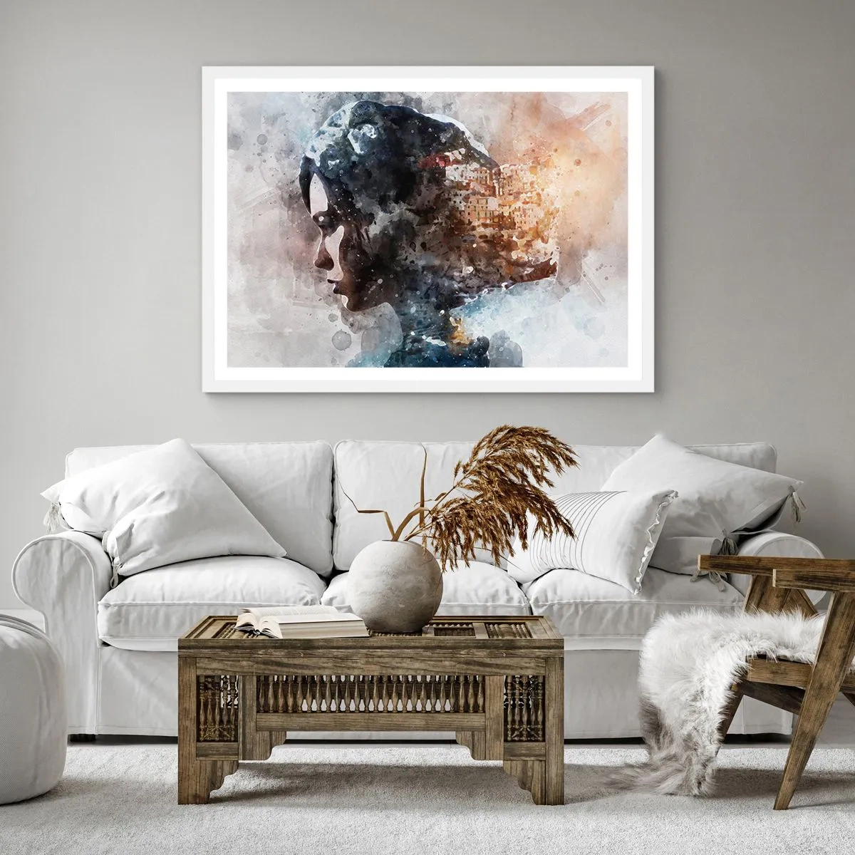 Poster in einem weißen Rahmen - Eine Geschichte über ein Mädchen mit einer Stadt im Hintergrund - 50x50 cm