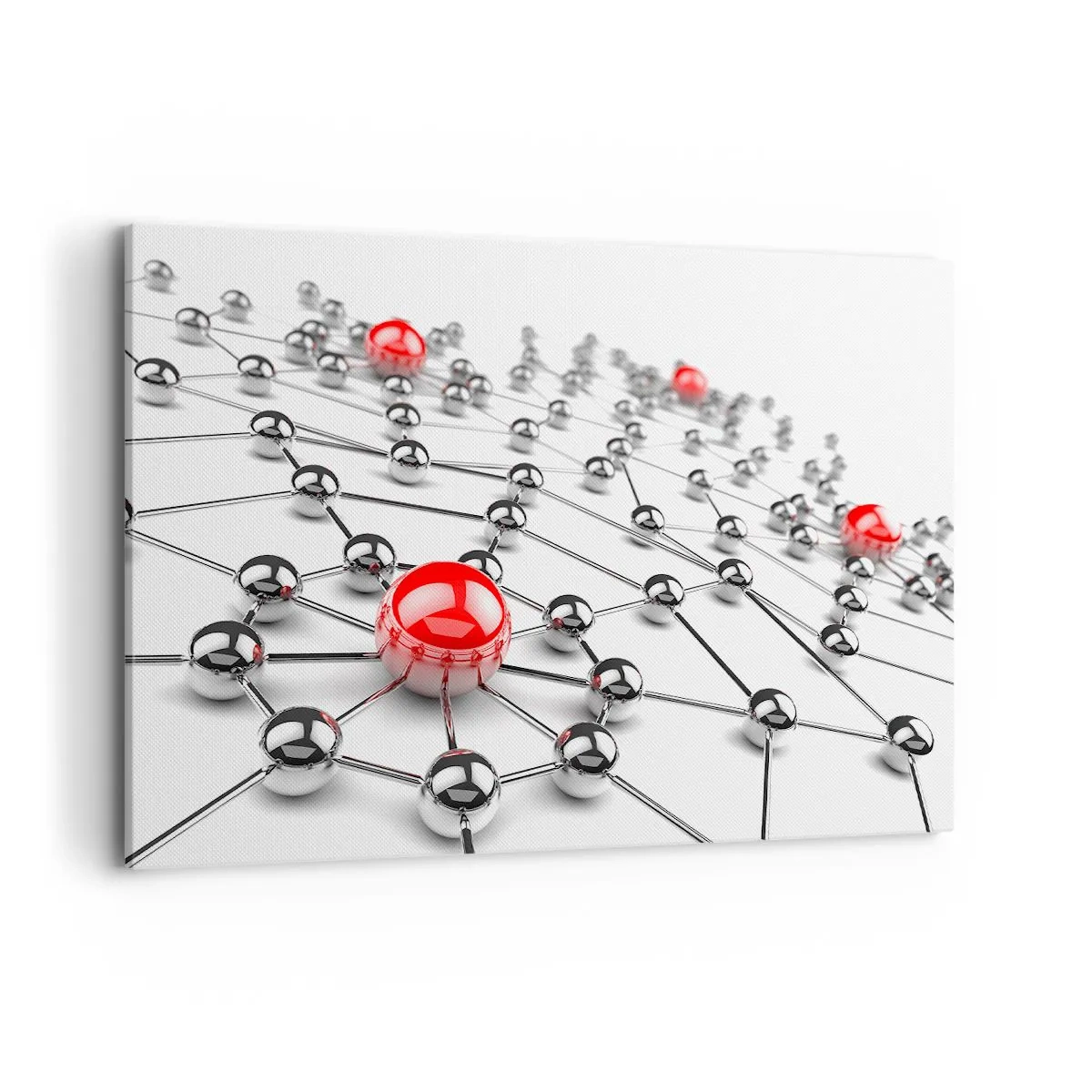 Bild auf Leinwand - Leinwandbild - Ein Netzwerk aus metallischen Kugeln mit roten Akzenten - 100x70cm - Silbriges Netz - Moderne Wanddekoration für Wohnzimmer und Schlafzimmer ARTTOR