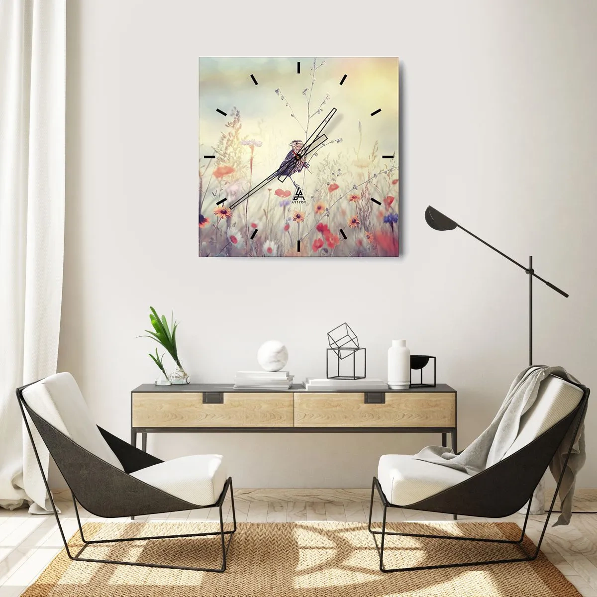 Wanduhr - Glasuhr - Ein Vogel vor dem Hintergrund einer bunten Wiese in Pastellfarben - 30x30cm - Vogelporträt mit einer Wiese im Hintergrund - Moderne Wanddekoration für Wohnzimmer und Schlafzimmer ARTTOR