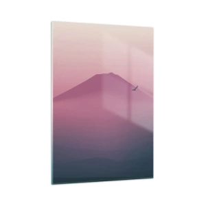 Glasbild - Bild auf glas - Eine minimalistische Landschaft mit einem Berg und Vögeln in Pastellfarben. - 50x70cm - Wanderer über den Wolken - Moderne Wanddekoration für Wohnzimmer und Schlafzimmer ARTTOR