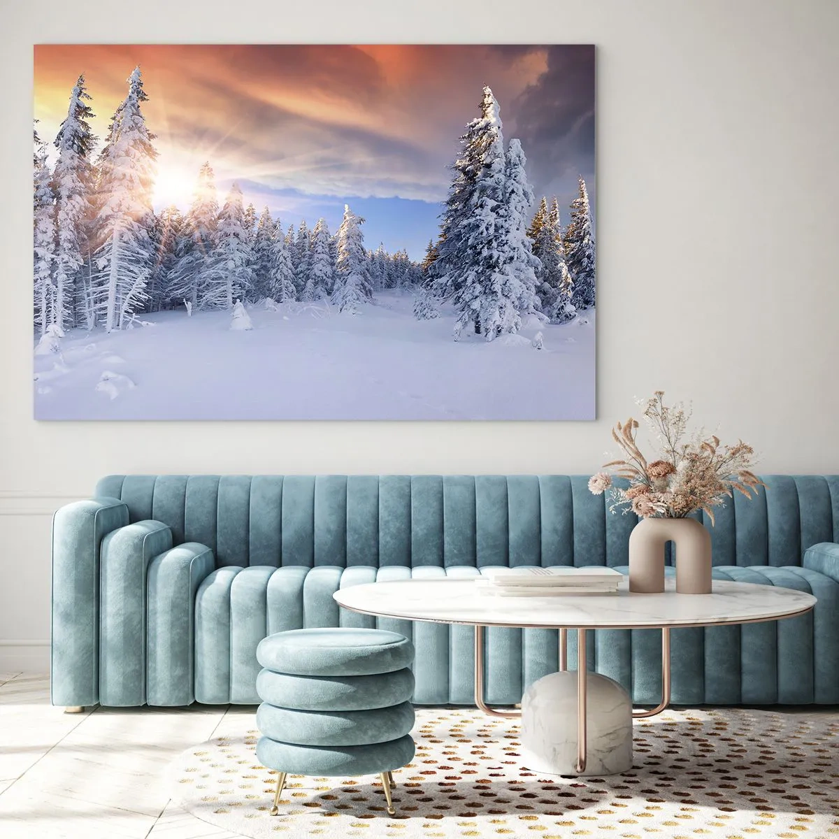 Glasbild - Bild auf glas - Winterlandschaft mit schneebedeckten Bäumen bei Sonnenuntergang - 120x80cm - Ein verschneites Naturschauspiel - Moderne Wanddekoration für Wohnzimmer und Schlafzimmer ARTTOR