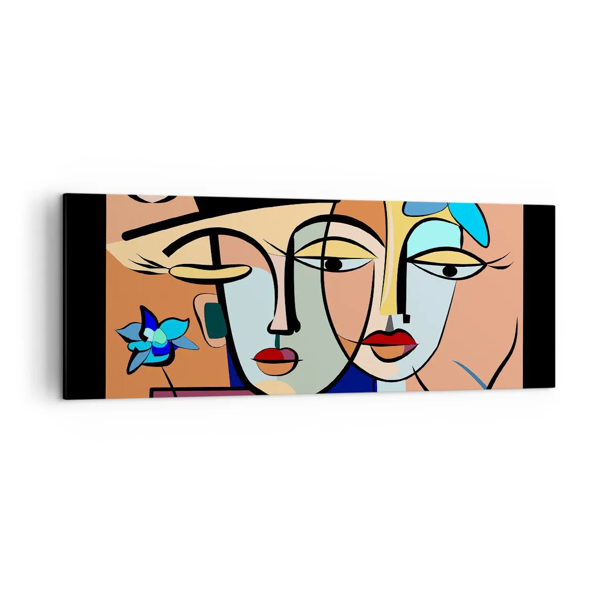 Bild auf Leinwand - Leinwandbild - Kubistische Porträts in leuchtenden Farben mit floralem Motiv - 140x50cm - Picassos randez vous - Moderne Wanddekoration für Wohnzimmer und Schlafzimmer ARTTOR