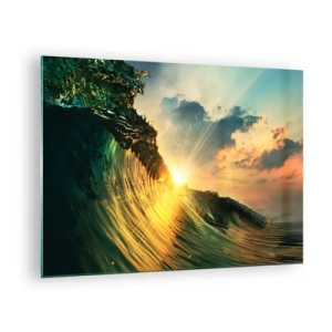 Glasbild - Bild auf glas - Die untergehende Sonne beleuchtet die Meereswellen - 70x50cm - Surfer, wo bist du? - Moderne Wanddekoration für Wohnzimmer und Schlafzimmer ARTTOR