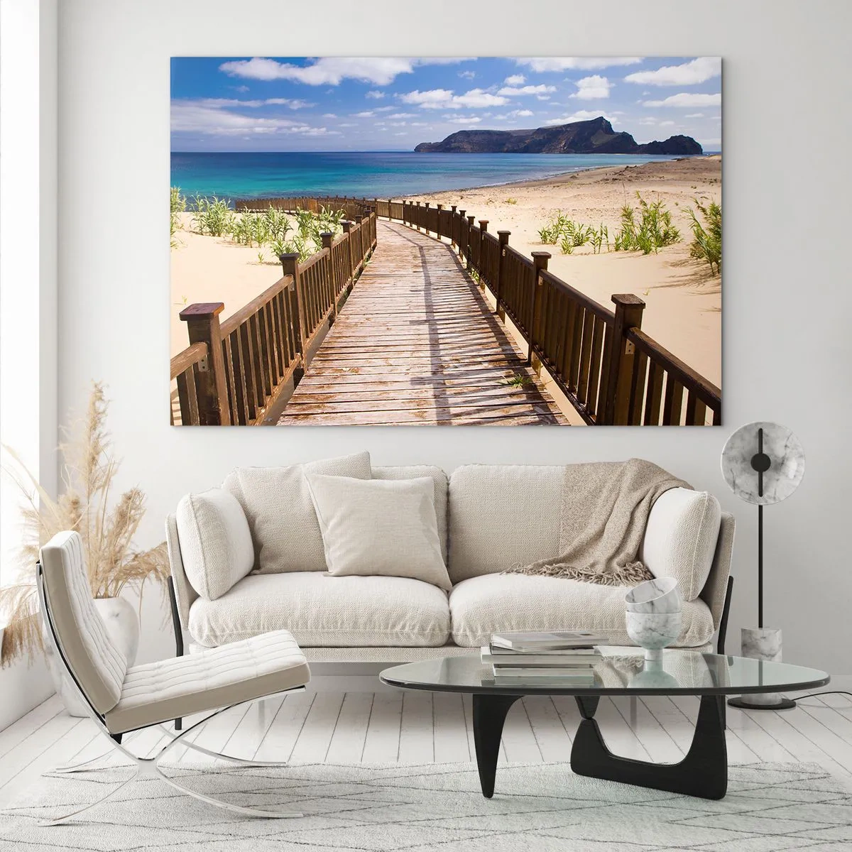 Glasbild - Bild auf glas - Holzweg am Strand, der zum Meer führt - 70x50cm - Bring mich zu den glücklichen Inseln - Moderne Wanddekoration für Wohnzimmer und Schlafzimmer ARTTOR