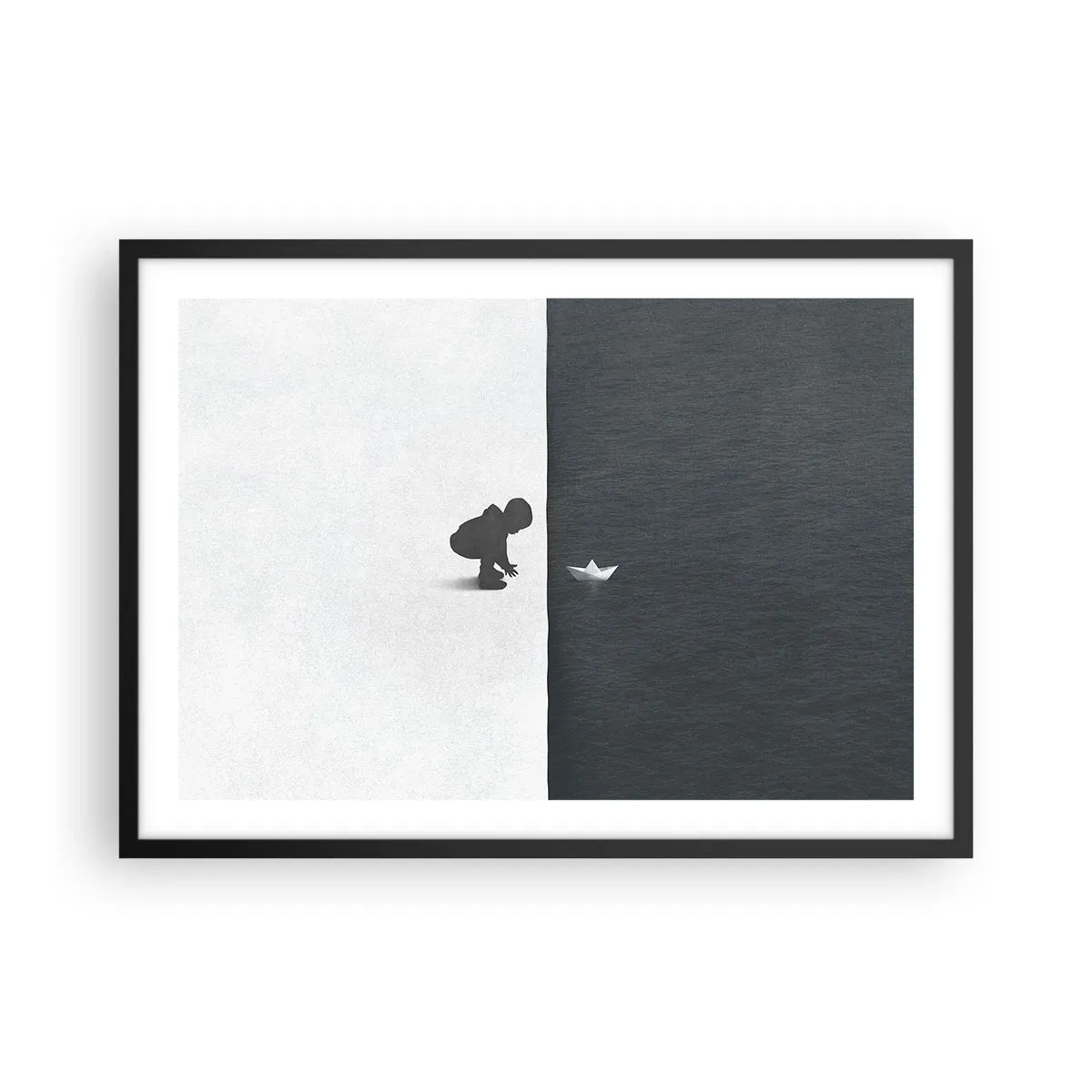 Poster in einem schwarzem Rahmen - Eine Kinderfigur mit einem Papierboot vor einem Hintergrund aus kontrastierenden Hälften - 70x50cm - Tolle Expedition - Moderne Wanddekoration für Wohnzimmer und Schlafzimmer ARTTOR