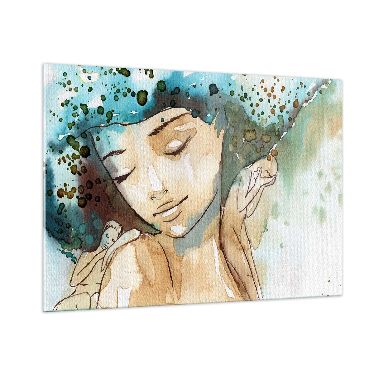 Glasbild - Bild auf glas - Aquarellporträt einer Frau mit geschlossenen Augen - 100x70cm - Dame in Blau - Moderne Wanddekoration für Wohnzimmer und Schlafzimmer ARTTOR