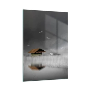 Glasbild - Bild auf glas - Ein Haus auf dem Wasser im Nebel mit fliegenden Vögeln - 50x70cm - Schutz vor Regen - Moderne Wanddekoration für Wohnzimmer und Schlafzimmer ARTTOR