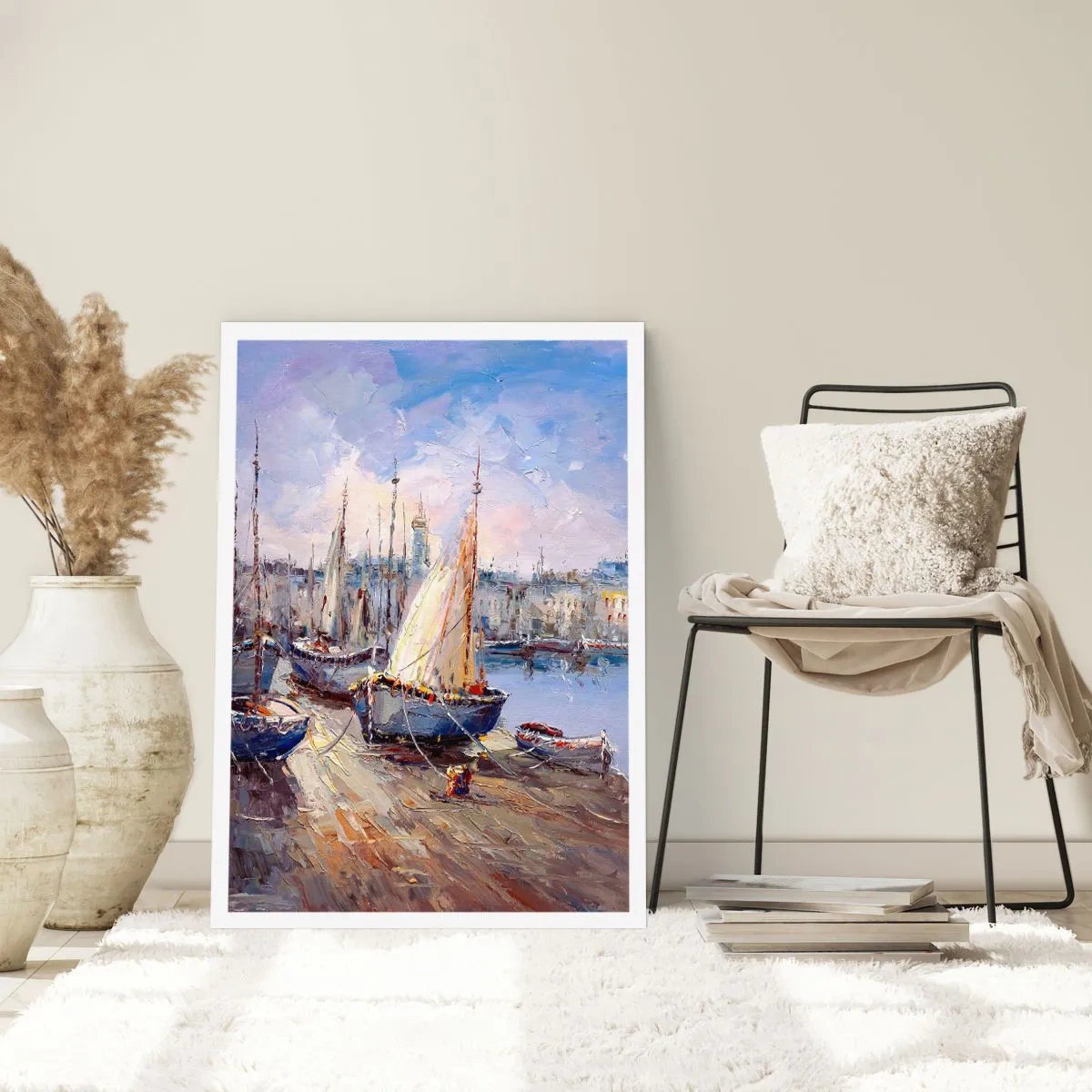 Poster - Segelboote in einem malerischen Hafen, beleuchtet von den Sonnenstrahlen - 50x70cm - Stadt an der Bucht - Moderne Wanddekoration für Wohnzimmer und Schlafzimmer ARTTOR