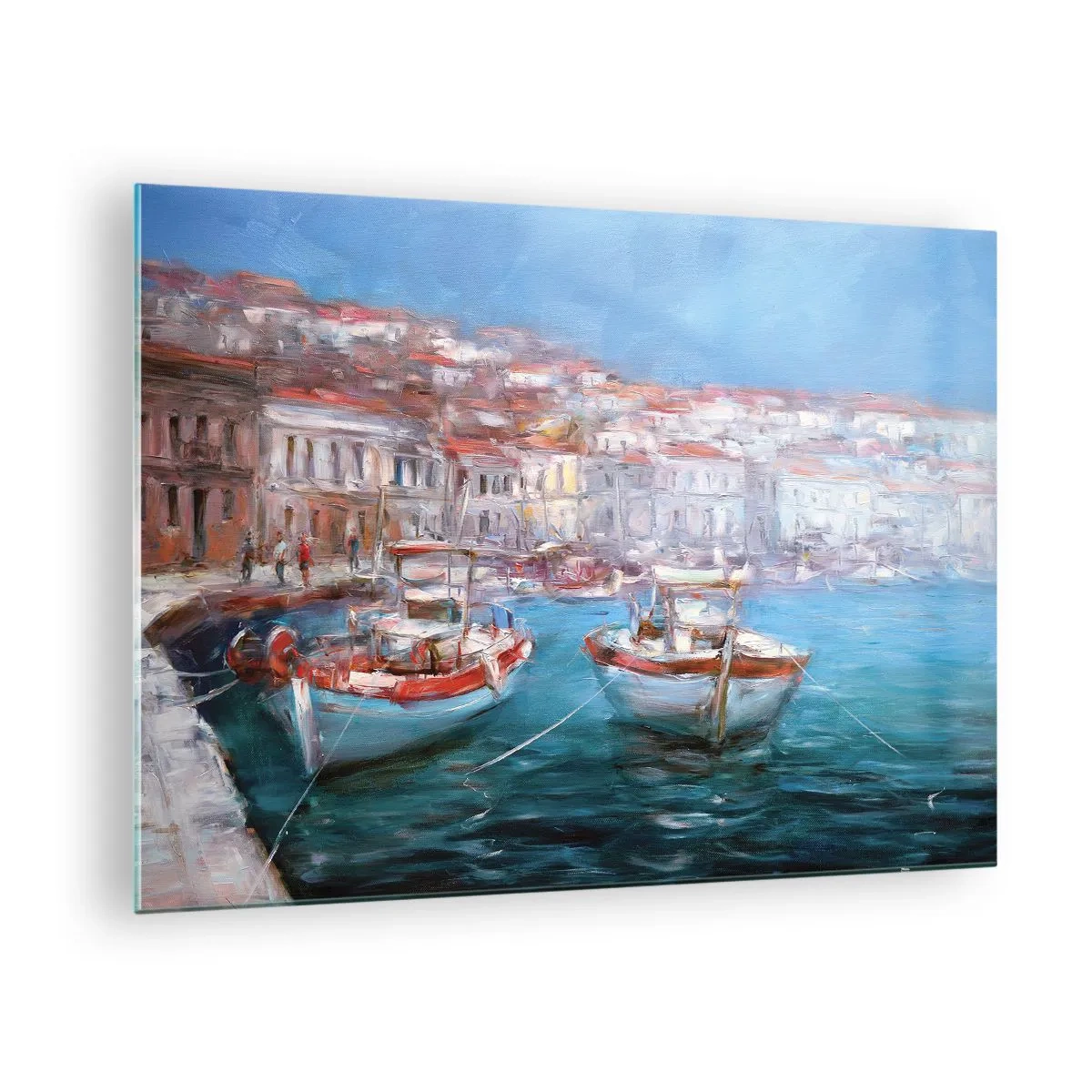 Glasbild - Bild auf glas - Fischerhafen mit Booten vor der Kulisse italienischer Gebäude und blauem Himmel - 70x50cm - Italienische Bucht - Moderne Wanddekoration für Wohnzimmer und Schlafzimmer ARTTOR