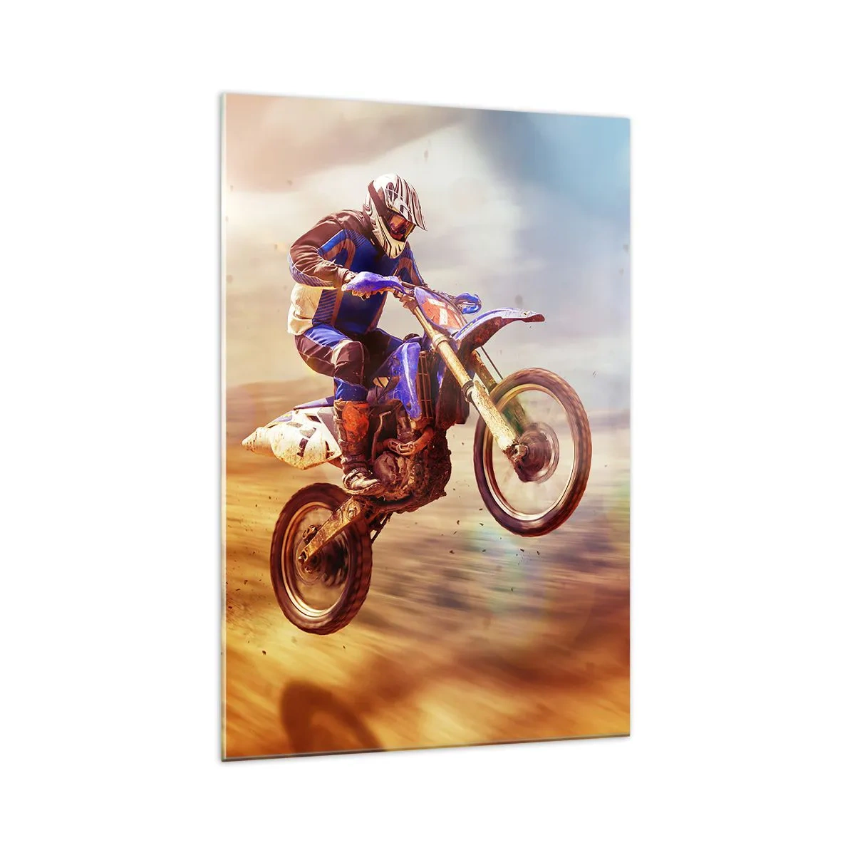 Glasbild - Bild auf glas - Ein Motorradfahrer im Flug während einer dynamischen Offroad-Fahrt - 70x100cm - Motorradschwindel - Moderne Wanddekoration für Wohnzimmer und Schlafzimmer ARTTOR