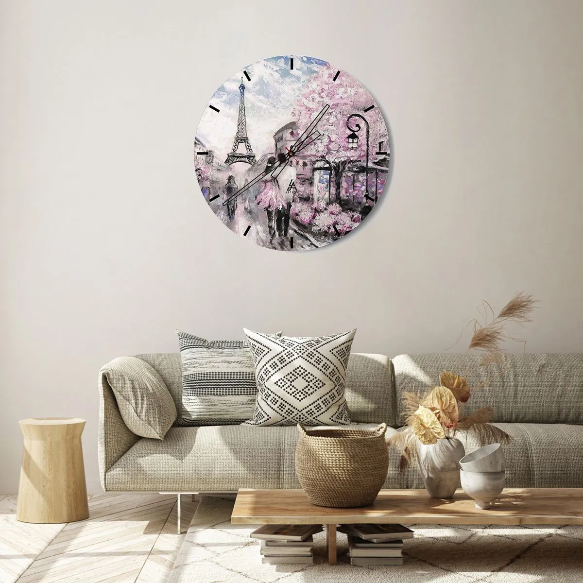 Wanduhr - Glasuhr - Romantischer Blick auf Paris mit dem Eiffelturm und blühenden Bäumen - 30x30cm - Wie man sich verlieben kann, ist nur in ... - Moderne Wanddekoration für Wohnzimmer, Küche und Schlafzimmer ARTTOR