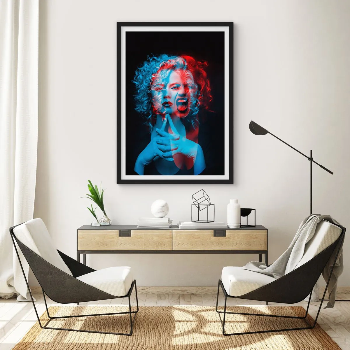 Poster in einem schwarzem Rahmen - Künstlerisches Frauenportrait mit 3D-Effekten in Rot und Blau. - 50x70cm - Alter Ego - Moderne Wanddekoration für Wohnzimmer und Schlafzimmer ARTTOR