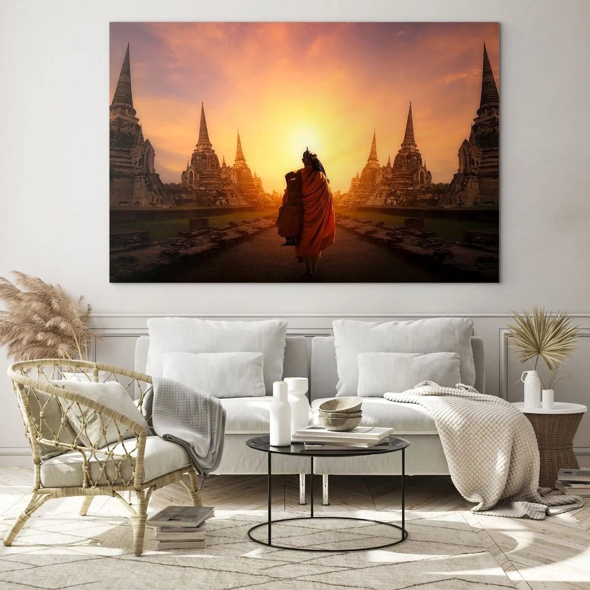 Glasbild - Bild auf glas - Ein Mönch vor der Kulisse der untergehenden Sonne und Tempel in Asien - 100x70cm - In Frieden für die Ewigkeit - Moderne Wanddekoration für Wohnzimmer und Schlafzimmer ARTTOR
