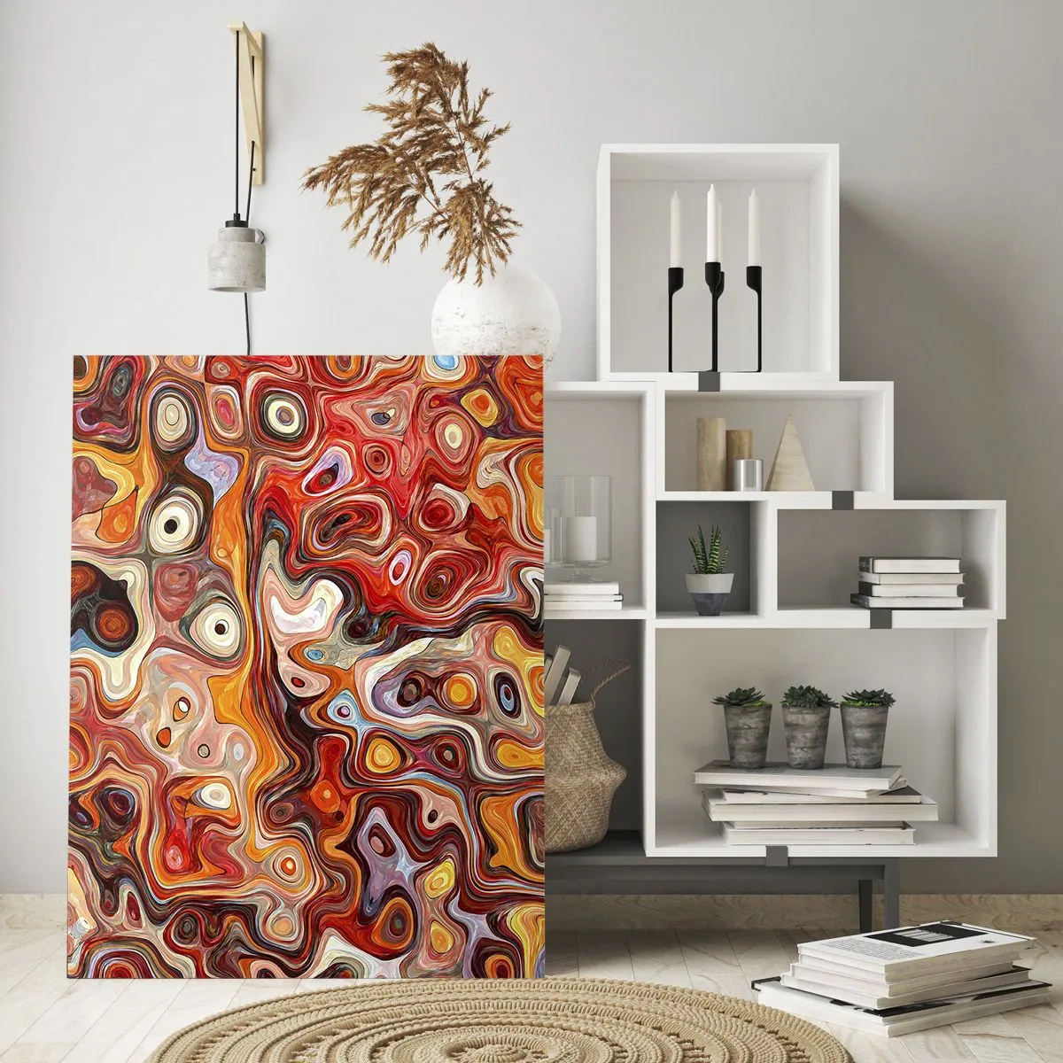 Glasbild - Bild auf glas - Abstrakte Komposition in Orange- und Rottönen - 50x70cm - Wenn die Nüsse in Honig geschmolzen sind - Moderne Wanddekoration für Wohnzimmer und Schlafzimmer ARTTOR