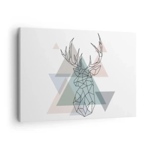 Bild auf Leinwand - Leinwandbild - Geometrischer Hirsch auf einem Hintergrund aus pastellfarbenen Dreiecken - 70x50cm - In einem geometrischen Wald - Moderne Wanddekoration für Wohnzimmer und Schlafzimmer ARTTOR