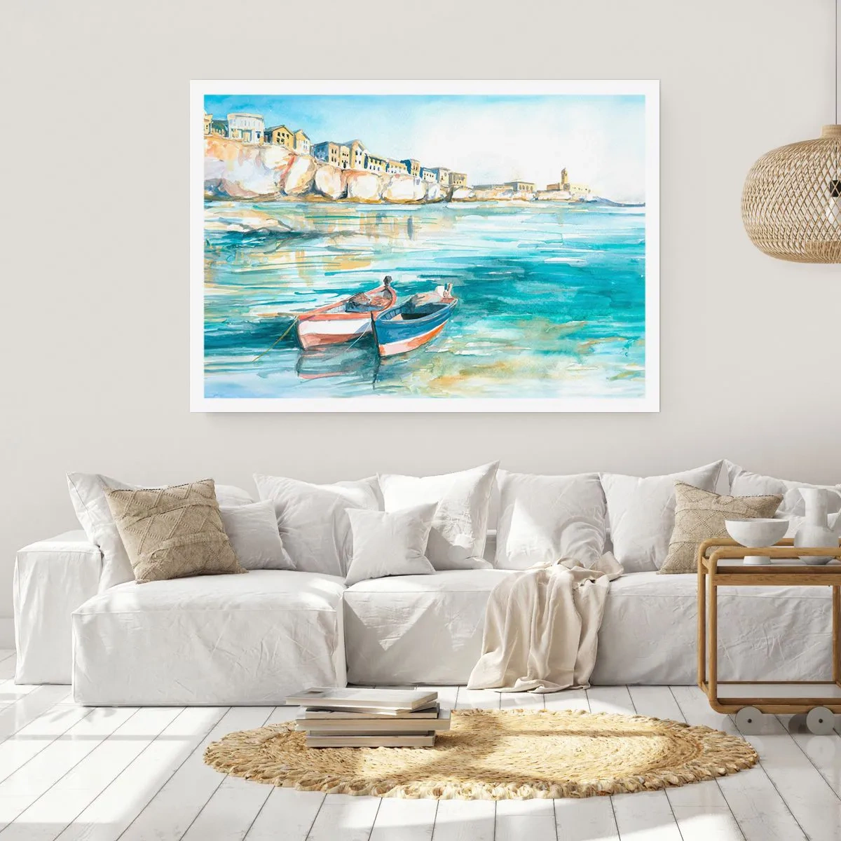 Poster - Eine malerische Küstenlandschaft mit Booten auf dem Wasser - 100x70cm - Landschaft in Azurblau - Moderne Wanddekoration für Wohnzimmer und Schlafzimmer ARTTOR