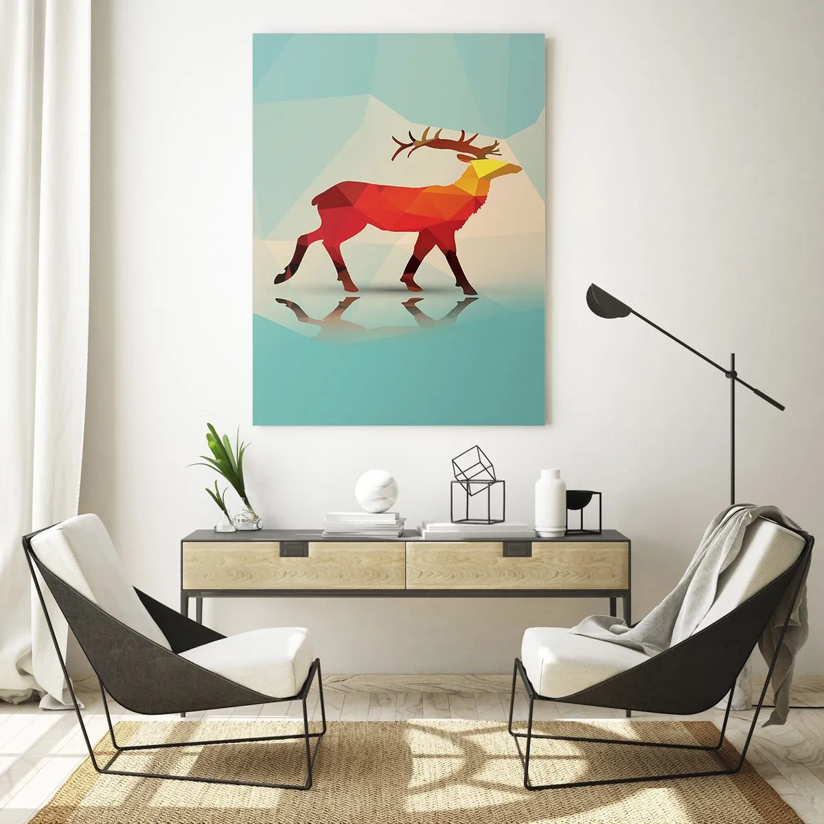 Glasbild - Bild auf glas - Geometrischer Hirsch in farbenfroher Abstraktion - 50x70cm - Geometrischer Hirsch - Moderne Wanddekoration für Wohnzimmer und Schlafzimmer ARTTOR