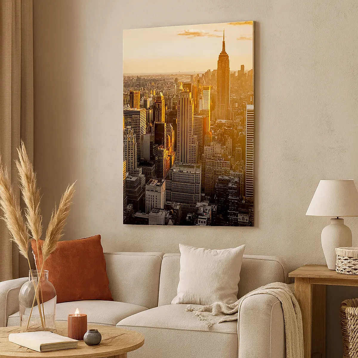 Bild auf Leinwand - Leinwandbild - Skyline von New York City bei Sonnenuntergang mit Blick auf das Empire State Building - 50x70cm - In der Sonne wachsen - Moderne Wanddekoration für Wohnzimmer und Schlafzimmer ARTTOR