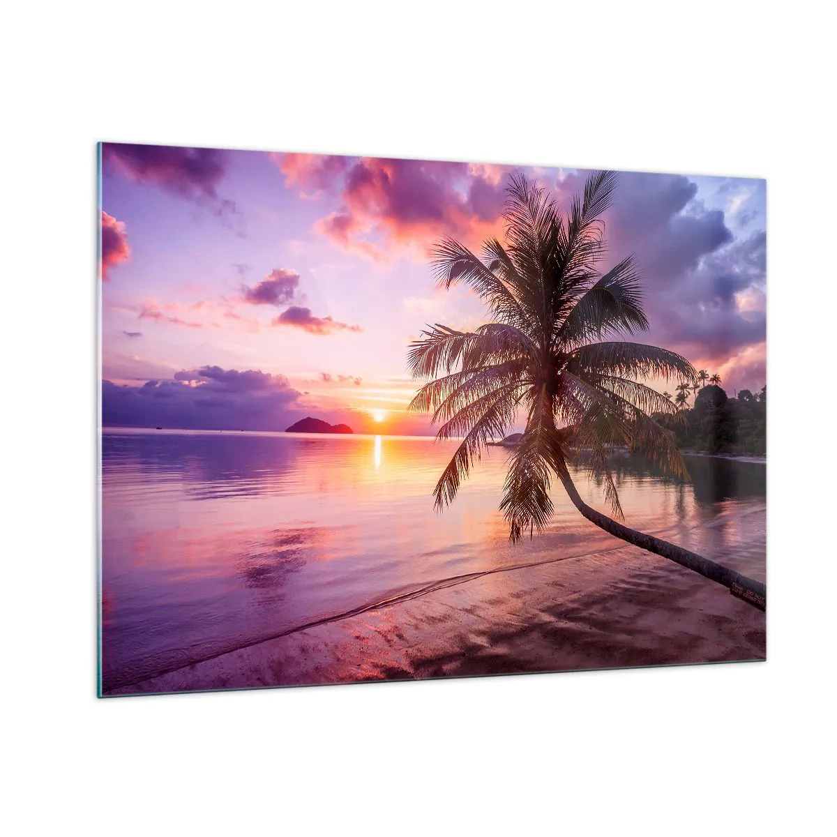 Glasbild - Bild auf glas - Exotischer Strand mit Palme bei Sonnenuntergang - 100x70cm - Behaglichkeit bis zum Horizont - Moderne Wanddekoration für Wohnzimmer und Schlafzimmer ARTTOR