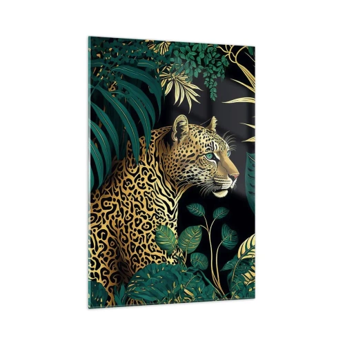 Glasbild - Bild auf glas - Leopard in tropischen Blättern auf schwarzem Hintergrund - 70x100cm - Gastgeber im Dschungel - Moderne Wanddekoration für Wohnzimmer und Schlafzimmer ARTTOR