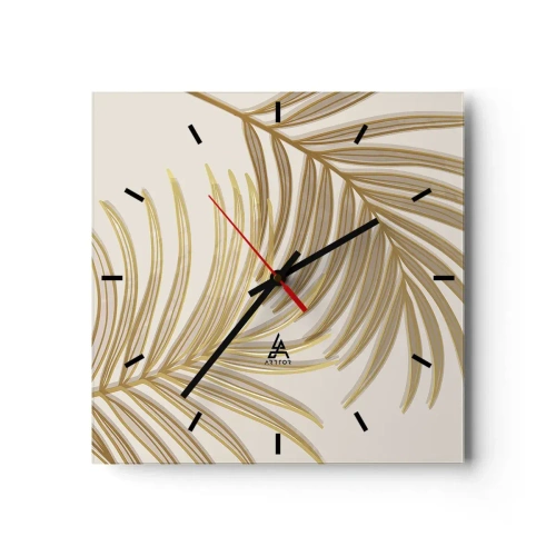 Wanduhr - Glasuhr - Goldene Palmblätter auf hellem Hintergrund im minimalistischen Stil - 30x30cm - Goldene Palme! - Moderne Wanddekoration für Wohnzimmer und Schlafzimmer ARTTOR
