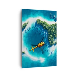 Bild auf Leinwand - Leinwandbild - Eine tropische Insel, umgeben von türkisfarbenem Wasser, mit einem Hubschrauber in Sicht - 80x120cm - Kauf dir eine Insel - Moderne Wanddekoration für Wohnzimmer und Schlafzimmer ARTTOR