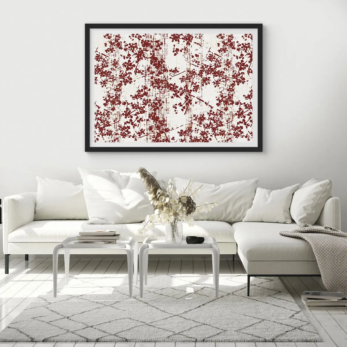 Poster in einem schwarzem Rahmen - Rote Blumen auf weißem Hintergrund im künstlerischen Stil - 70x50cm - Wie alter Perkal - Moderne Wanddekoration für Wohnzimmer und Schlafzimmer ARTTOR