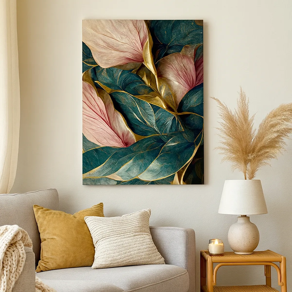 Bild auf Leinwand - Leinwandbild - Elegante Blätter in Grün, Gold und Pink - 50x70cm - Natürliche Eleganz und Stil - Moderne Wanddekoration für Wohnzimmer und Schlafzimmer ARTTOR