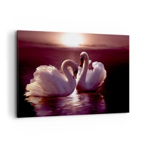 Bild auf Leinwand - Leinwandbild - Zwei Schwäne auf einem ruhigen See bei Sonnenuntergang - 120x80cm - Bis der Tod uns scheidet - Moderne Wanddekoration für Wohnzimmer und Schlafzimmer ARTTOR