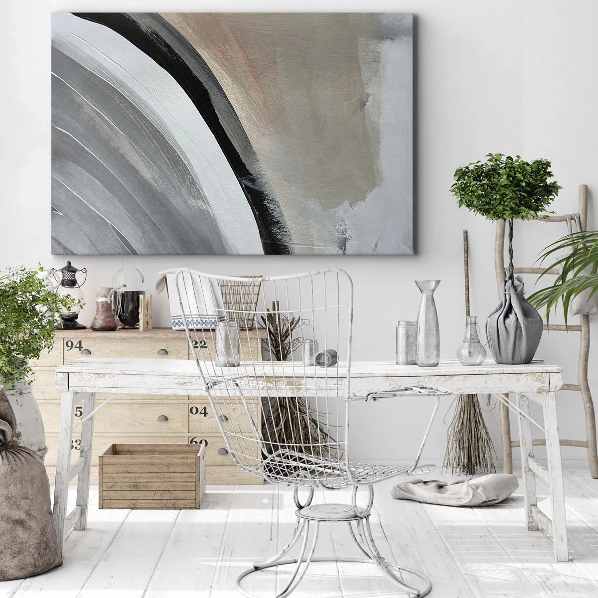 Bild auf Leinwand - Leinwandbild - Abstrakter Bogen in Schwarz-, Grau- und Beigetönen - 100x70cm - Komposition: Bogen aus Schwarz und Grau - Moderne Wanddekoration für Wohnzimmer und Schlafzimmer ARTTOR