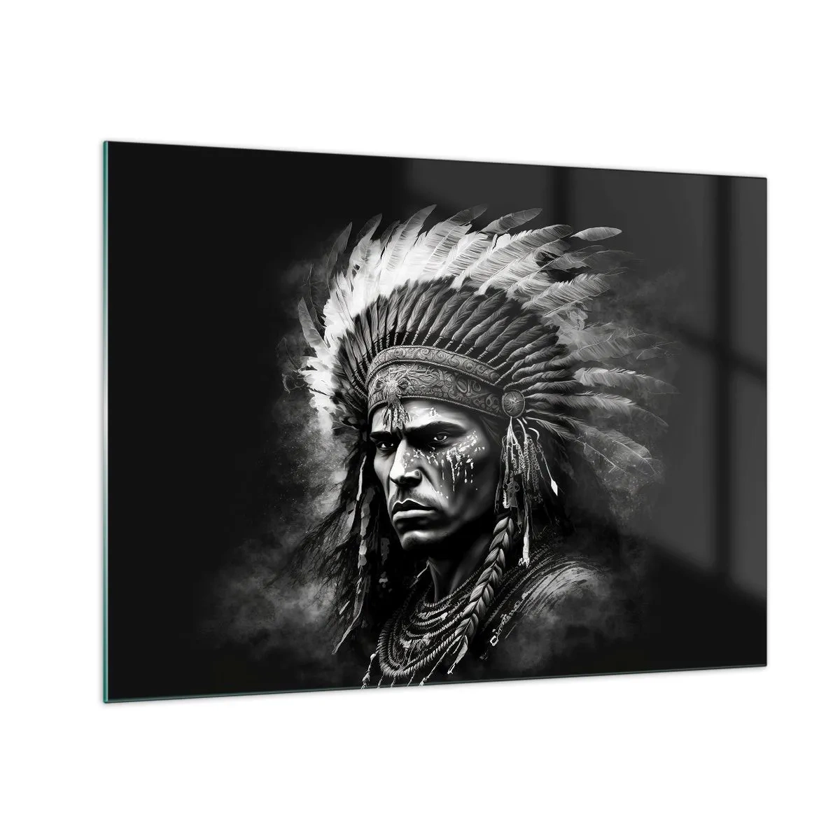 Glasbild - Bild auf glas - Schwarz-Weiß-Porträt eines Kriegers mit Federkopfschmuck - 70x50cm - Anführer und Krieger - Moderne Wanddekoration für Wohnzimmer und Schlafzimmer ARTTOR
