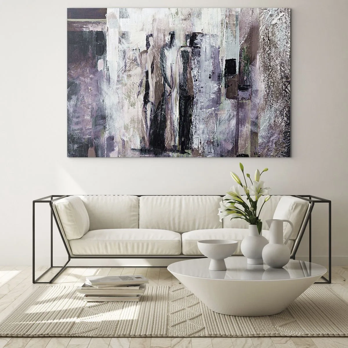 Glasbild - Bild auf glas - Abstrakte Silhouetten von Figuren vor einem strukturierten Farbhintergrund - 120x80cm - Die geheimnisvolle Drei - Moderne Wanddekoration für Wohnzimmer und Schlafzimmer ARTTOR