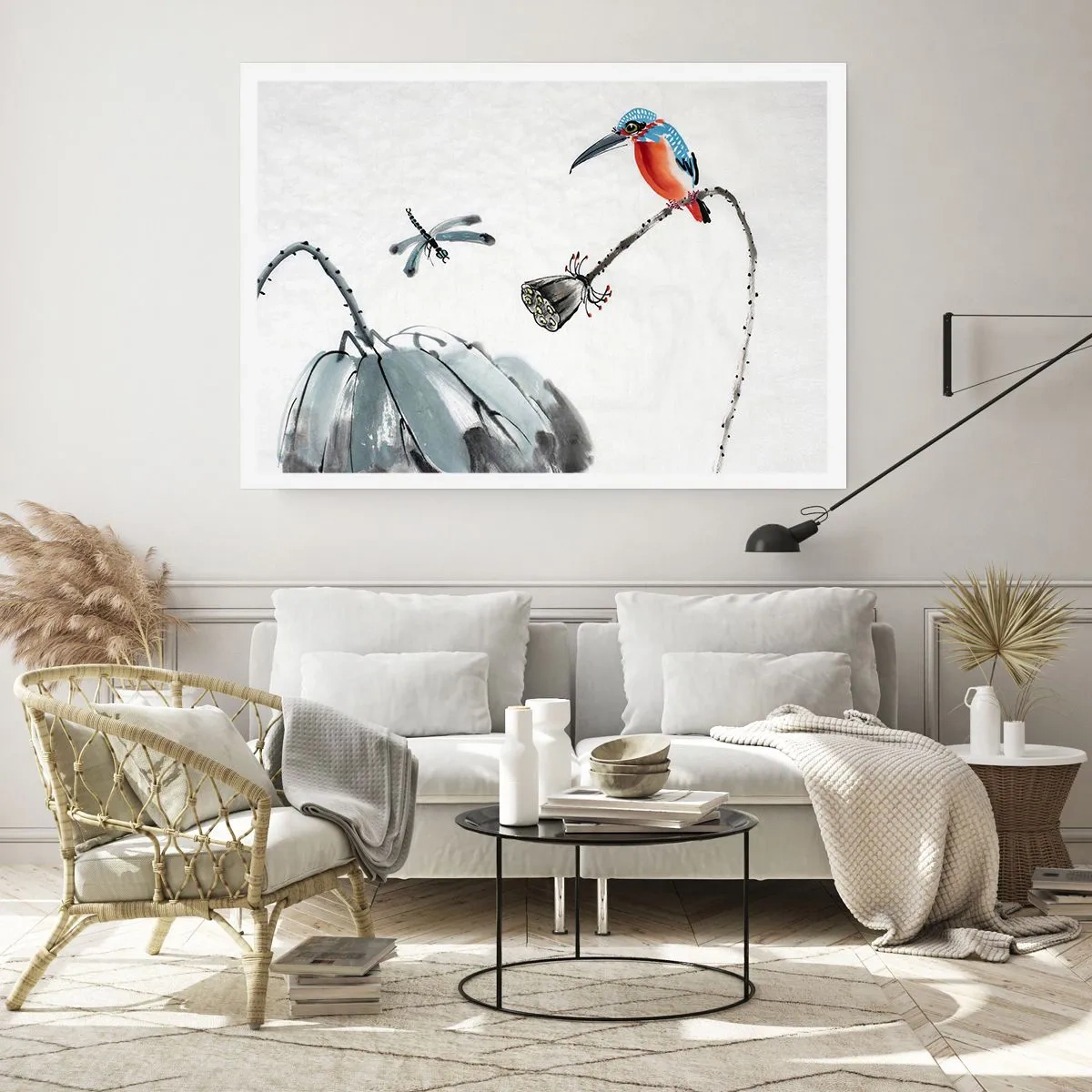 Poster - Ein bunter Vogel vor einem Hintergrund aus Vegetation und einer Libelle - 100x70cm - Das Leben der Wiese - Moderne Wanddekoration für Wohnzimmer und Schlafzimmer ARTTOR